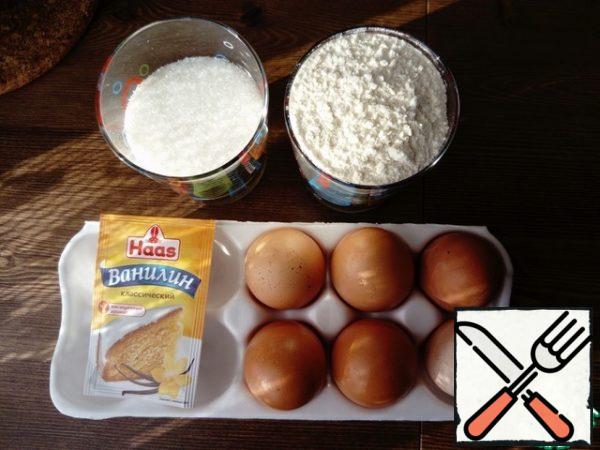 Prepare a sponge cake. For a biscuit, we will need: Beat eggs with sugar until the volume is doubled.
Pour the flour in parts and gently mix the mass from top to bottom, add vanilla. We try not to let the dough fall off.
Transfer the dough to a greased baking dish.
Put in a preheated 180 * C oven for 25-30 minutes. (check readiness with a toothpick)
