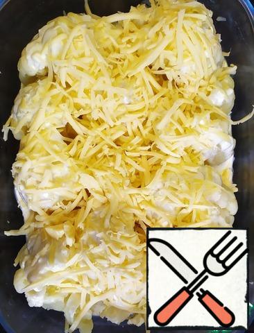 From top to grate cheese on a grater. And put in a preheated 190-200C° oven for 30-40 minutes until Golden brown.