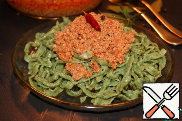 Serve with pasta or linguini, but I decided to pamper my family and made homemade pasta with spinach for Kim's salsa.
