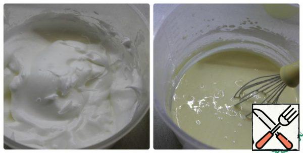 Divide the eggs into whites and yolks. Add a pinch of salt to the proteins and start whipping, gradually adding half the norm of sugar, until stable peaks. Add the remaining sugar and vanilla to the yolks. Also beat thoroughly until the mass increases and turns white. Then add the zest and sifted starch to the beaten yolks in parts, each time carefully kneading with a whisk.
