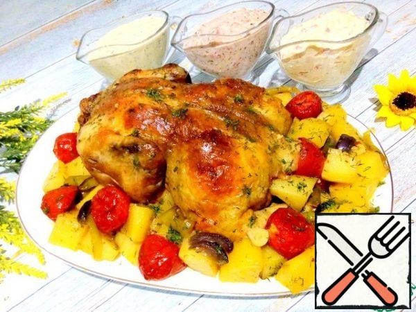 Put the chicken on a large dish, and around the baked vegetables, sprinkle with herbs. It's insanely delicious. The chicken turned out to be so tender, juicy and fragrant, I can not convey. Bon appetit!