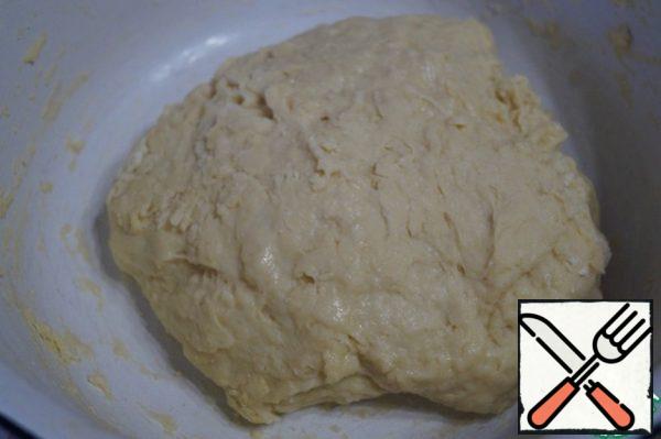 Knead a not very steep dough. Cover the dough with a napkin and leave to rise in a warm place for 1.5 hours.
