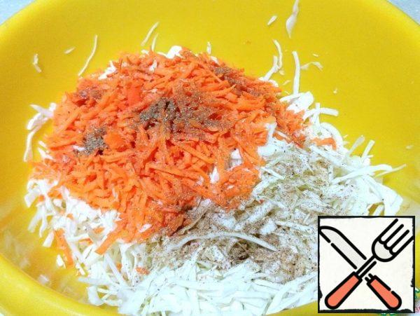 Grate the carrots on a medium grater, chop the cabbage. Season with salt, add coriander and mash with your hands.
Set aside for 10 minutes.