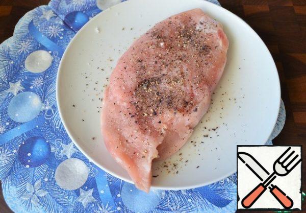Wash the breast, dry it, add salt and pepper,
wrap in foil and bake for 20-25 minutes at a temperature of 200 degrees.
We let it cool in foil.
P.S.: I bake in advance, you can store it in the refrigerator for up to 3 days.
