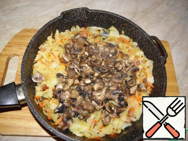 Cut the mushrooms into thin half-rings. Put the mushrooms in a dry pan without oil, evaporate the liquid and fry for 3-4 minutes.