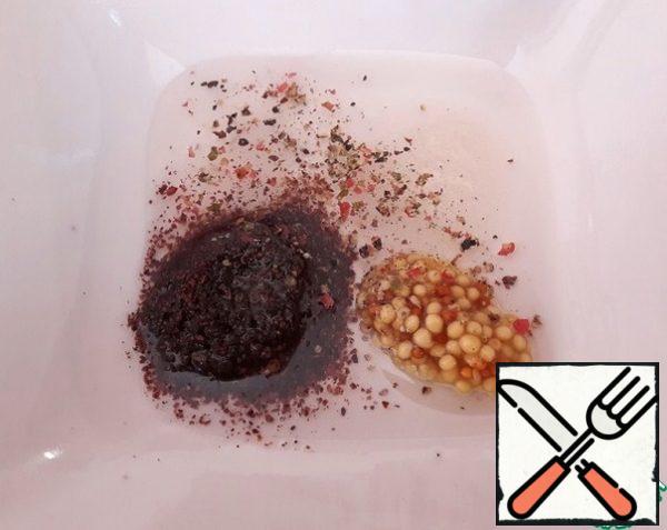 Prepare the dressing. Take olive oil, sugar, salt, ground black pepper, sumac and grainy mustard.
