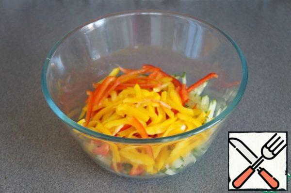 Pepper cut into strips. I have half red and half yellow.
