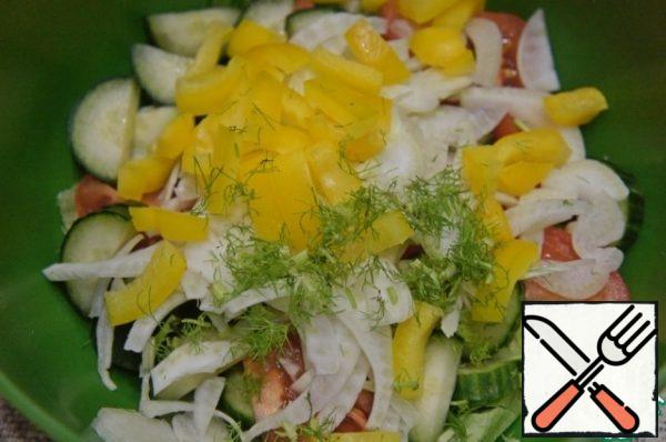 Finely chop the fennel greens into a salad. It is not much, but do not neglect it, it is very fragrant.