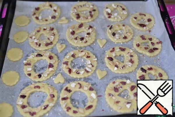 Sprinkle the cookie blanks with cranberries and nuts, press them lightly so that they do not crumble. Put in a preheated 190 degree oven, bake until golden brown for 15-20 minutes.
