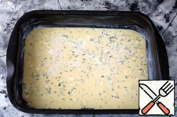 Grease a baking sheet with butter. Pour over the omelet.
Bake in a preheated 180 g oven for 15-20 minutes.
Cool the finished omelet.
