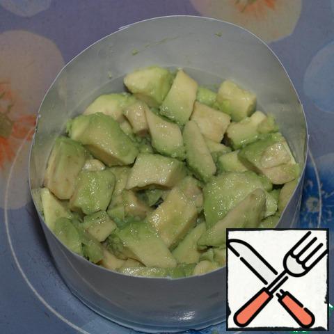 In the cooking ring (I cut out of a plastic bottle), put the avocado.