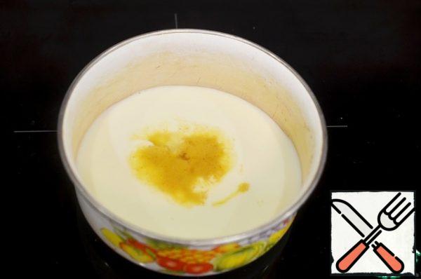In a saucepan, heat the milk and pour in the egg mixture.