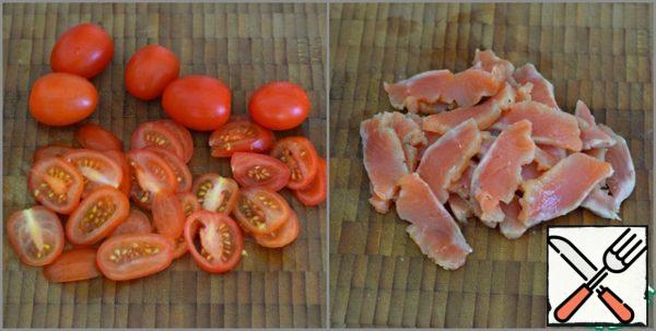 Cherry also cut into thin circles, and salted fish (trout, salmon, pink salmon...) slices.