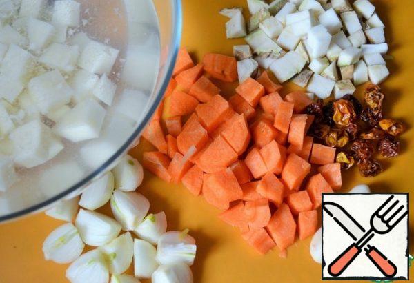 Prepare the vegetables, wash, peel, and slice.