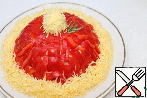 Put the finished ball on top of the "cap", sprinkle the edges with cheese. You can decorate with any greens, I have a couple of rosemary leaves. Thanks to Angelica for the recipe idea.