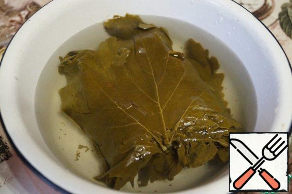 I took canned grape leaves. Open the jar and take out the necessary amount of leaves and soak them in water for 10 minutes, so that the extra salt is gone.
