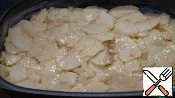 Brush the rectangular shape with vegetable oil and place the slices of apples on the dough in rows. I have a 17 \ 27 shape and the cakes are about 4 cm high, the apples are heavily deposited. If you need a larger baking sheet, then you need to increase the amount of ingredients. Bake in a preheated 180 degree oven for 30 minutes.
