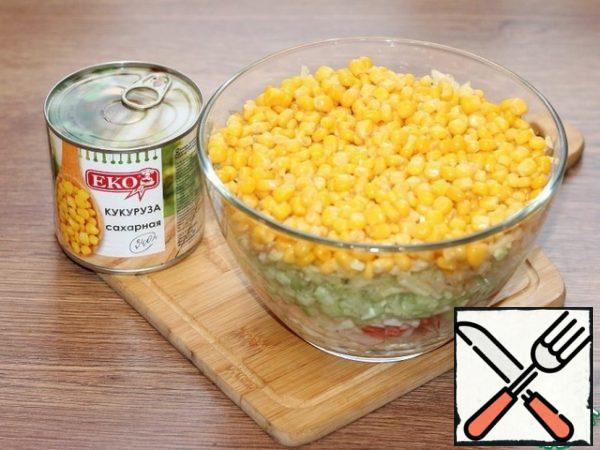 Put the prepared products in a bowl and add the corn .