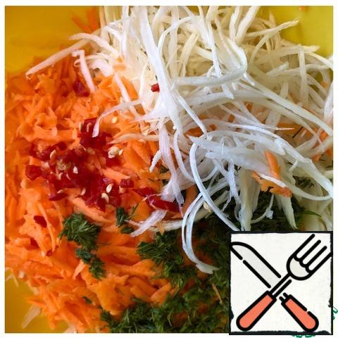 Finely chop the cabbage, mash it with your hands so that it becomes softer and more juicy. Grate the carrots on a large grater, chop the dill finely. Cut the hot pepper as small as possible without removing the seeds.