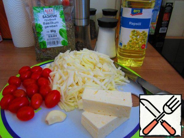 Ingredients that will be required for the salad. At the same time, I will show off my new Board made of incomprehensible material.