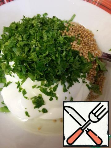 For the dressing, mix the fresh cream, chopped parsley, grain mustard and olive oil.