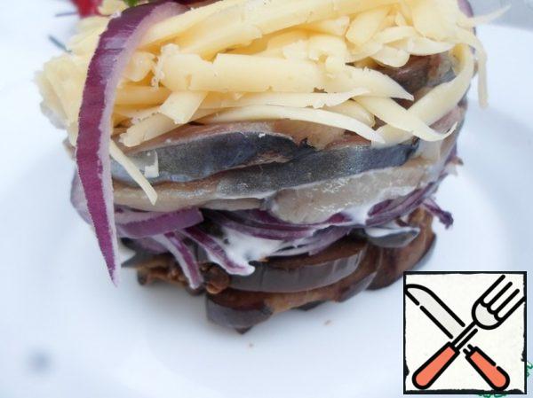 We do this with all the layers (I made a mayonnaise grid only on eggplants and onions, I had enough, because the herring was very fat). So 1 layer-eggplant, 2-onion, 3-herring, 4-cheese.