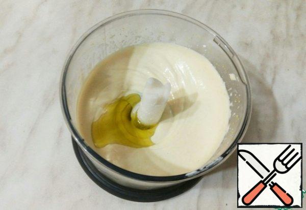 Now add salt, sugar, mustard, and cottage cheese.
All punch until smooth.
Try it to your taste, you may want to adjust something for salt or acid.
Now add the olive oil and punch again until smooth.
The dressing is ready.