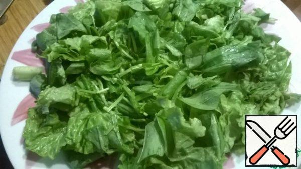 Lettuce and spinach are roughly chopped.