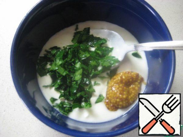 For salad dressing, combine yogurt, sour cream, French mustard in a bowl, add a pinch of salt and black pepper to taste, and finely chopped parsley leaves. Stir.