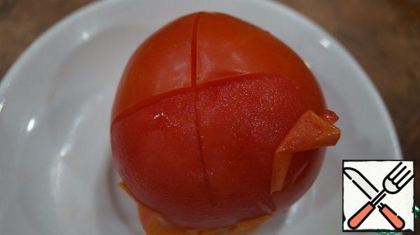 Peel the tomatoes. I make a cross-shaped incision, pour boiling water, then cold water - and the skin peels off almost by itself.