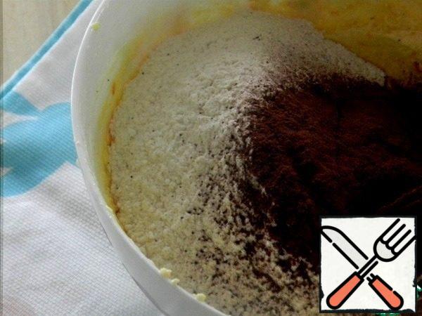 Add the sifted flour, cocoa and baking powder. Mix with a whisk until smooth. The dough will turn out very thick.