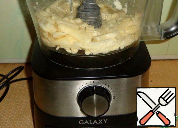 Peel the potatoes and chop them in a food processor using the French fries attachment.