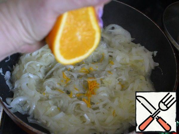 Add the sherry (half the amount), the juice of half an orange, and a little grated zest.