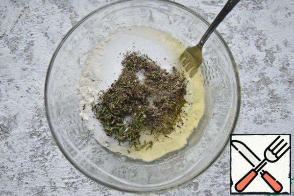 Mix flour with egg white, water, salt and a large number of herbs.
