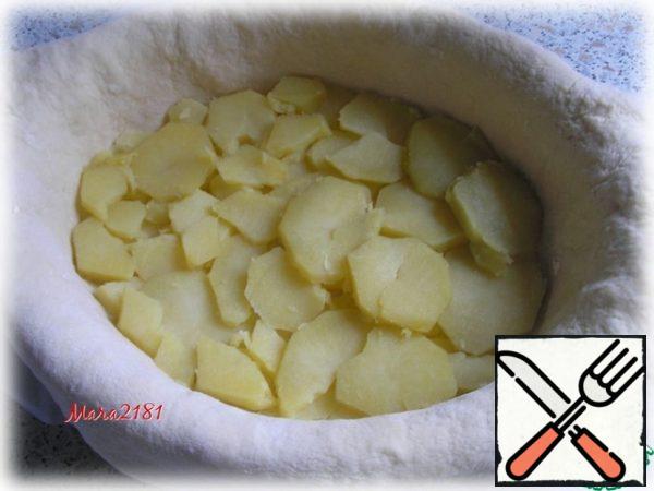 Put some of the sliced potatoes in the first layer on the dough. Lightly sprinkle the suneli hops (to taste) and evenly distribute small pieces of butter (about 30 g) over the potatoes.