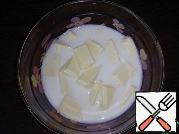 Heat the cream, but do not bring to a boil,
add white chocolate to the cream. Stir until the chocolate is completely dissolved.