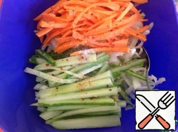 Add spices, oil and rice vinegar. Mix the salad thoroughly.