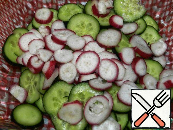 Cucumbers and radishes cut into circles.