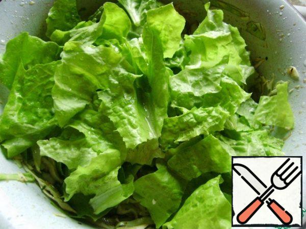 Tear the lettuce leaves with your hands.