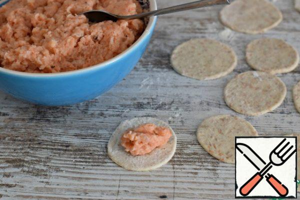 Put the filling in the center of each circle, make dumplings.