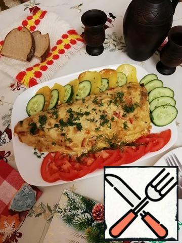 Put the finished fish on a platter and place the potatoes on the sides. Potatoes can be put in 2 layers. It turns out very tasty! Decorate as desired!