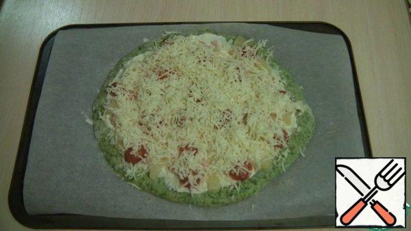 The final step-sprinkle with grated cheese , and put in a preheated 200 degree oven for 20-25 minutes.