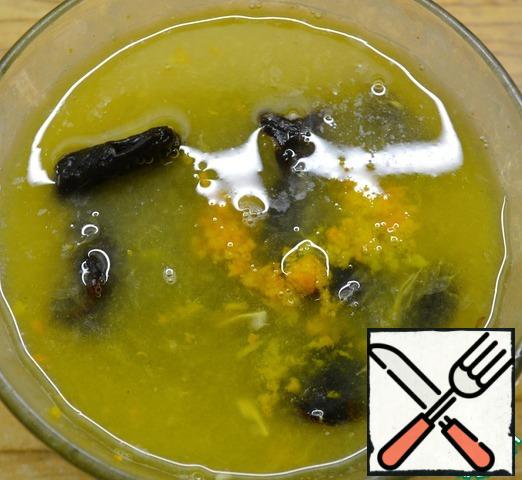 Wash the prunes (soak for 20 minutes , if very dry and then drain the water). Add the orange juice and zest.