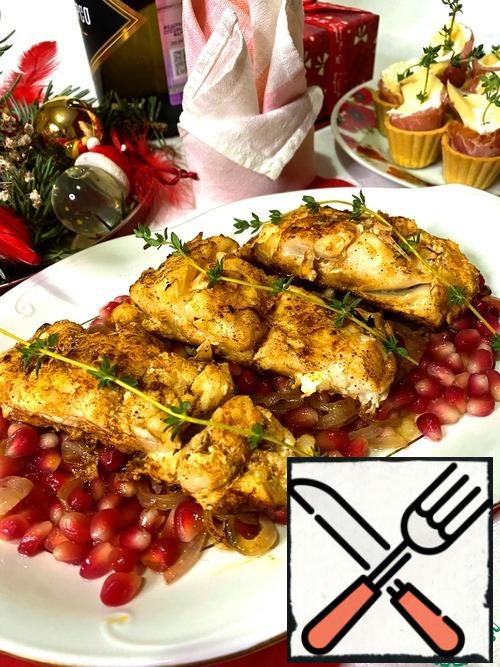 When ready, put the fish on the pomegranate seeds and serve. This can be used as an idea, and for cooking other white fish.