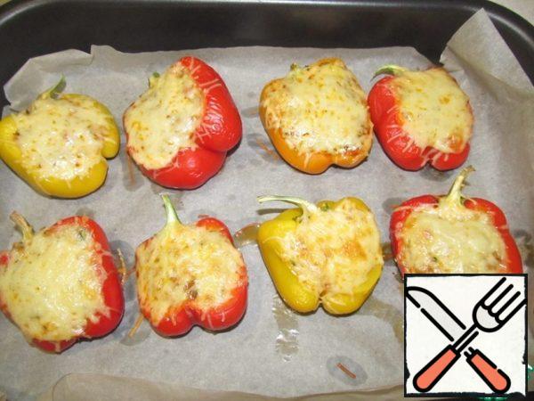 Preheat the oven to 250 degrees. Cover the baking sheet with parchment paper and lay out the peppers. Bake for 25 minutes .