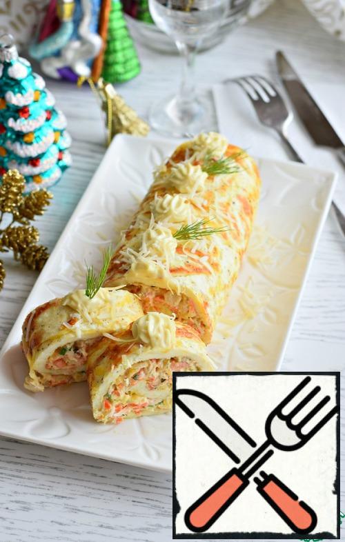 Wrap the roll tightly in plastic wrap and put it in the refrigerator for an hour and a half. Everything is ready!
Before serving, decorate the roll as desired.