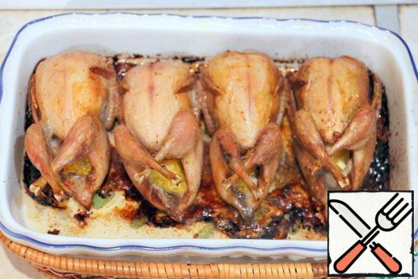 Bake the quail at 180 degrees for 40-50 minutes.
