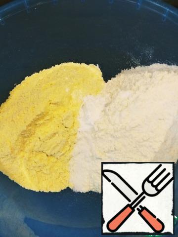 Mix 2 types of flour, salt and baking powder.