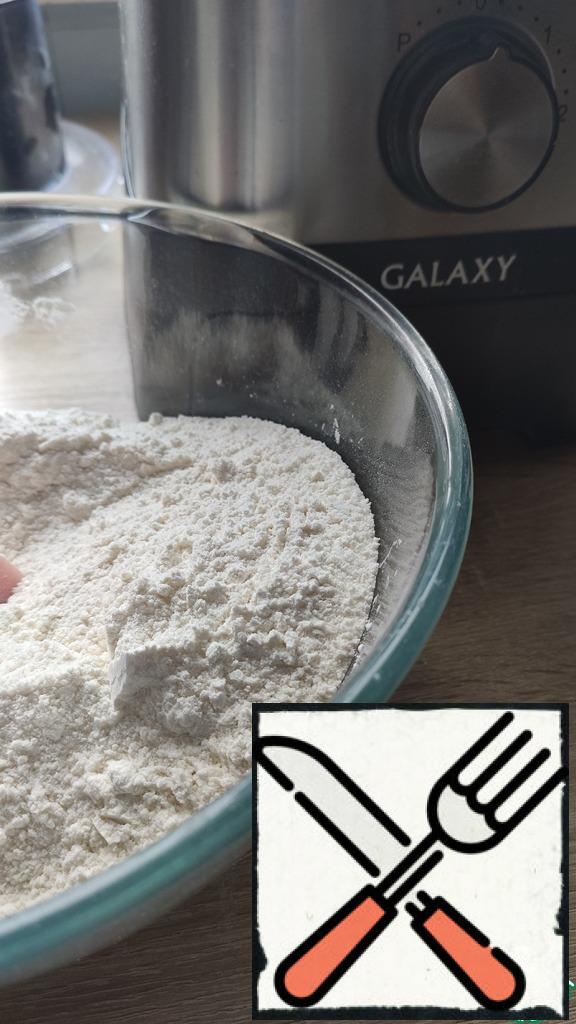 Mix the sugar, wheat flour, vanilla sugar and baking powder.