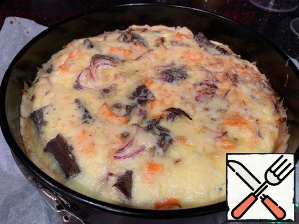 Take out the pie, sprinkle with cheese and bake for another 20 minutes.